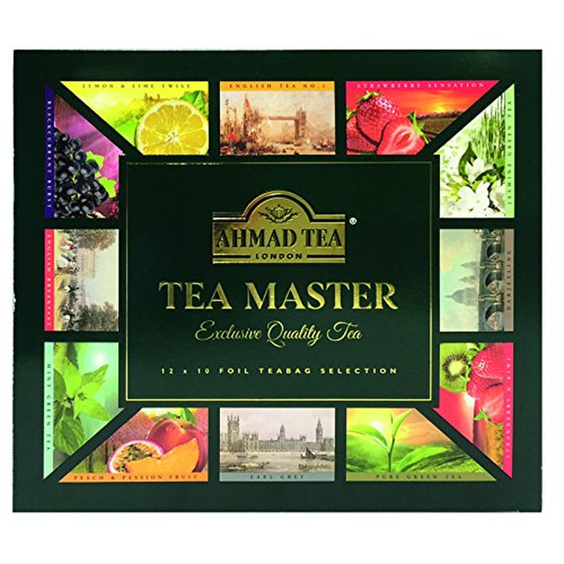 Ahmad Tea - Twelve Teas - Sortiment de 12 sortimente de ceai negru și ceai verde cu diferite arome - 60 pliculețe de ceai ambalate individual, sigilate pentru păstrarea aromelor, cu panglică, 120 g ceai