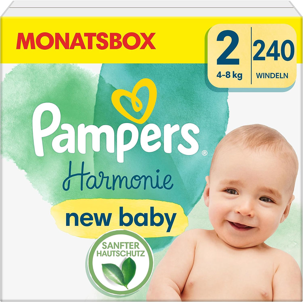 Couches Pampers pour bébé, taille 2 (4-8 kg), Harmony, boîte demi-lune, protection douce de la peau et ingrédients à base de plantes, 240 unités