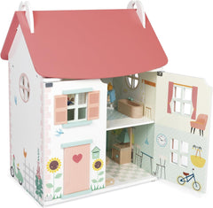 Janod - Ma première maison de poupée en bois - 10 accessoires - Meubles de poupée - Portes magnétiques et toit amovible - Jouet en bois certifié FSC - 3 ans et plus