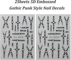 2PCS 5D Embossed Gothic Punk Nagelsticker, Nagel Sticker Selbstklebend Kreuz et X-Form Halloween Nagelaufkleber, Nageldesign Zubehör Für Damen Nail Art
