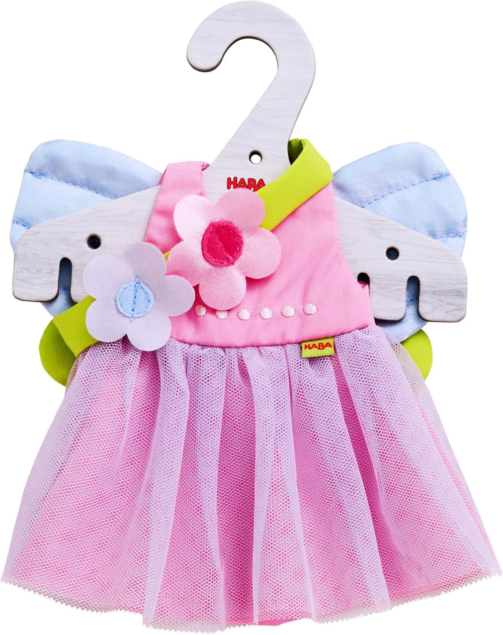 HABA Vêtements de poupée fée magique - Ensemble 2 pièces pour poupées de 18 mois et plus (30 cm) - Robe en tulle avec ailes, bandeau fleuri inclus - 1306243001
