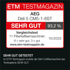 Espressor AEG Deli 5, 1,5 l, temporizator programabil, funcție de menținere la cald, oprire de siguranță, indicator nivel apă, dozaj optim, funcție anti-picurare, oțel inoxidabil, CM5-1-6ST