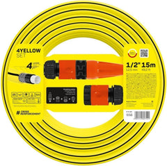 Furtun de grădină Cellfast GALBEN, ușor, durabil, cu 4 straturi, cu aspersor, rezistent la UV și alge, rezistent la răsucire, tehnologie REACH, 20 bar, -10/+50°C, închidere de 1/2", 15m