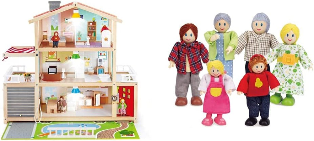 E3405 - Maison de poupée, Maison de poupée avec accessoires, en bois et E3500 - Famille de poupées, peau claire