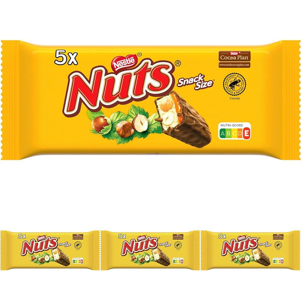 Barres de chocolat Nestlé aux noisettes fourrées au caramel, noisettes entières et délicieuse crème de bonbons, enrobées de chocolat au lait, paquet de 4 (5x30g)