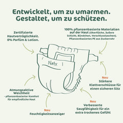 Couches pour bébé Naty BioEmbrace, taille 5 (11 à 25 kg) | Matières 100% végétales, douces pour la peau | Douceur respirante, testée dermatologiquement, excellente absorption | 80 pièces.