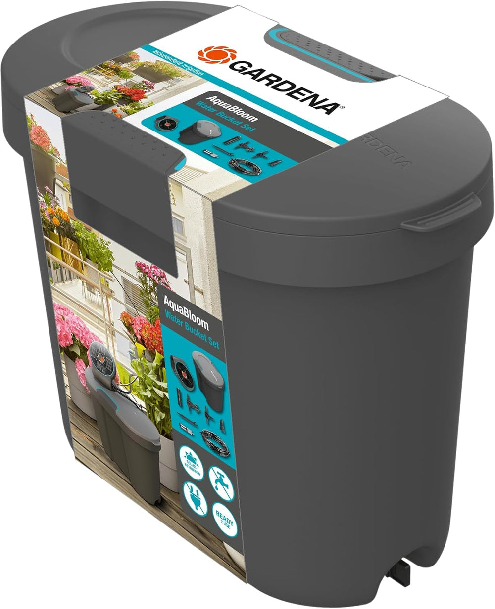 Réservoir d'eau Gardena : Réservoir d'eau pour usage intérieur et extérieur, extensible avec tuyau de distribution et connecteur, 10,5 l (13367-20), noir ; turquoise