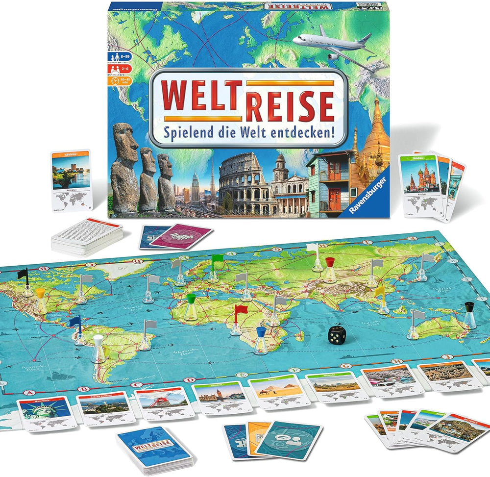 Ravensburger Family Game 26888 - World Tour - Classique pour les familles à partir de 8 ans - Jeu de société, voyage dans le monde, jeu de société pour jusqu'à 6 joueurs - 170+ villes