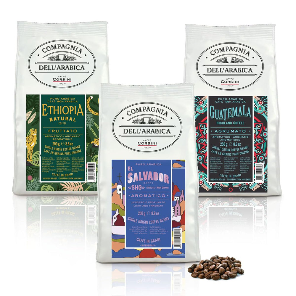 Caffè Corsini - Kaffeebohnen 3x250g Compagnia Dell'Arabica Set Guatemala/Éthiopie/El Salvador, Einzelner Ursprung, total 750g