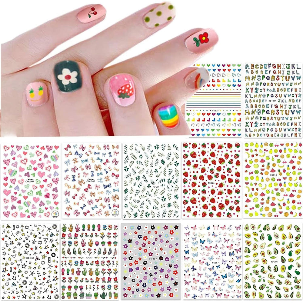 12 Blatt Nagelsticker Süß Kinder Nagelaufkleber Selbstklebend Weihnachtsblumen Blätter Tiere Pflanzen Früchte Nail Art Sticker Dekoration Nageldesign Zubehör
