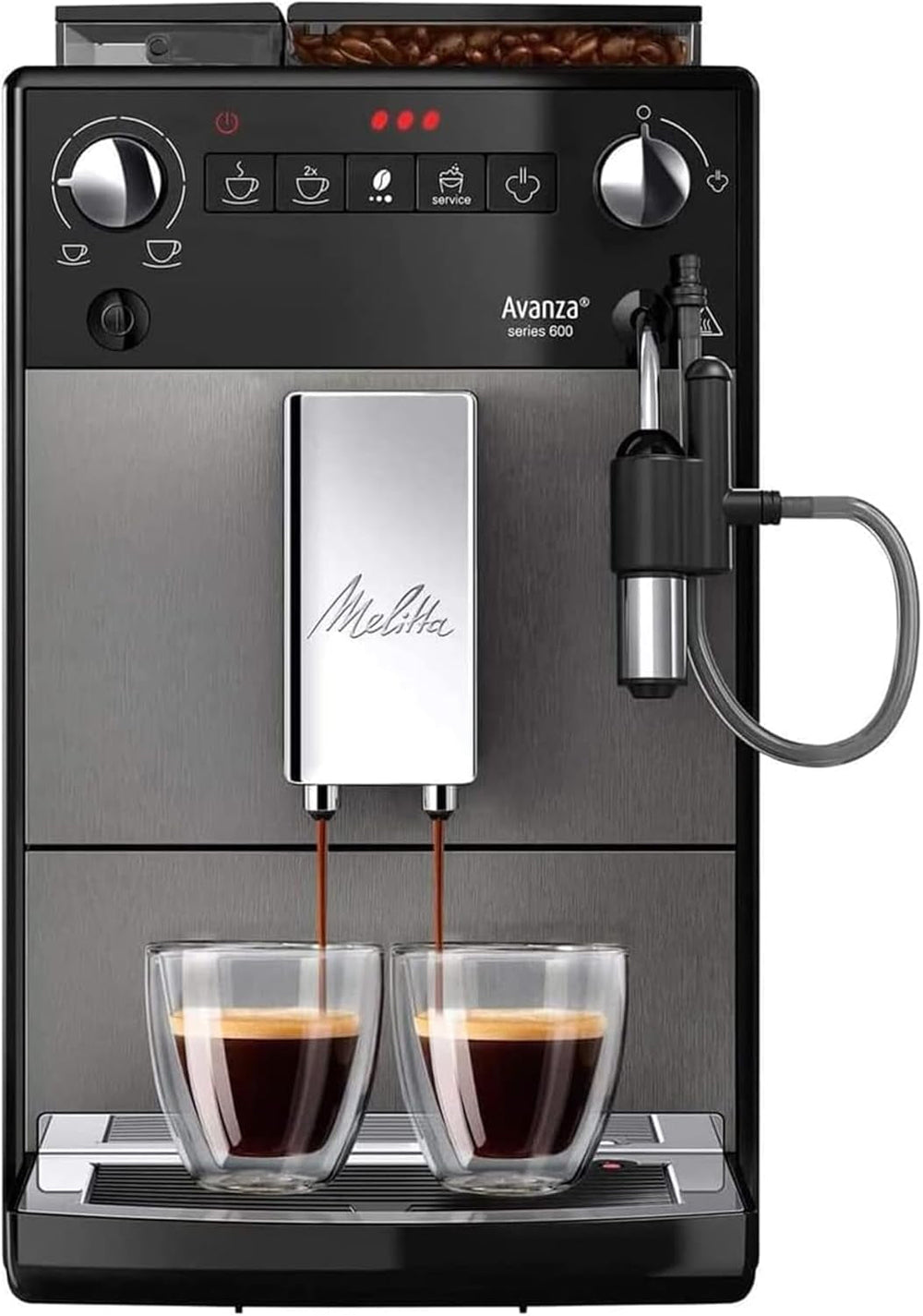 Melitta Avanza - Machine à expresso entièrement automatique avec système de lait, machine à expresso avec moulin et réservoir d'eau extra grand (1,5 l) pour par ex. cappuccino ou expresso, titan mystique
