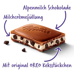 Milka Oreo – Chocolat au lait alpin fourré de morceaux croquants de biscuits Oreo et de crème onctueuse à la vanille – 100g