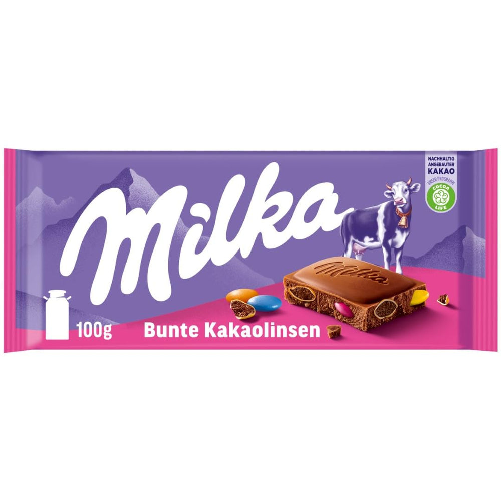 Chocolat Milka aux lentilles colorées au cacao - Chocolat au lait alpin aux lentilles croquantes au chocolat - 100g
