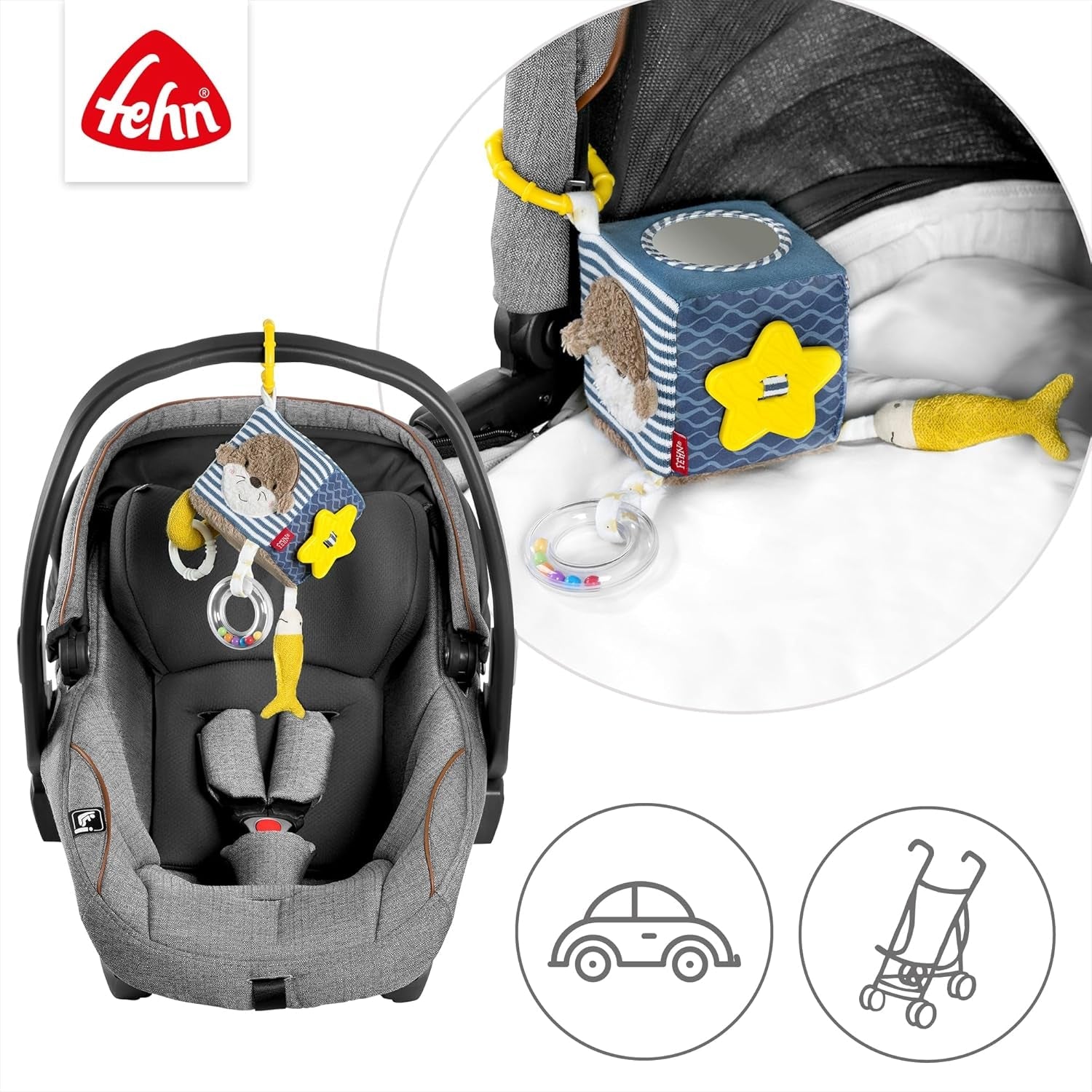 Fehn Activity Cube Otter - Jucărie pentru activități motorii cu elemente de prindere suspendate - Pentru bebeluși și copii mici de la 0+ luni - Dimensiuni: 10 x 10 cm Jucarii Bebe Naty Shop