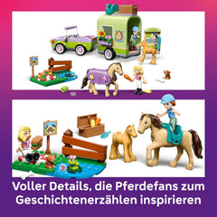 LEGO Friends Pferd and Fohlen mit Pferdeanhänger - Pferde Spielset mit Pflegezubehör, 4 Tierfiguren, Auto & 2 Mini Puppen - Geschenkeidee zum Geburtstag für Mädchen ab 7 Jahren - 42695