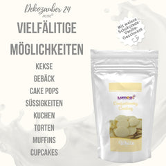 Gouttes de couverture Dekozauber24, blanches, 500g, au goût chocolat blanc et vanille, chips Deco Melts, passent au micro-ondes, pour cake pops, gâteaux, tartelettes, dripping ou glaçage Naty Shop Pâte à sucre