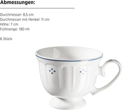 Mäser Lova Series Service à café en porcelaine 18 pièces – 6 assiettes à dessert (19,5 cm), 6 tasses (19 cl) et 6 soucoupes (15,5 cm), Bleu