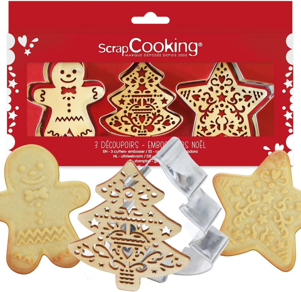 SCRAP COOKING 2093 Set de pâtisserie avec coupe-chat en acier inoxydable et gaufrier en bois adapté au contact alimentaire de Noël