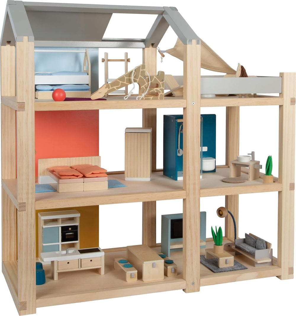 Maison de poupée en bois Small Foot, couleurs naturelles - 3 niveaux avec toit-terrasse et ensemble de meubles de 51 pièces, encourage le jeu créatif, convient aux enfants de 3 ans et plus, 12541 Naty Shop Dollhouses Grande maison de poupée