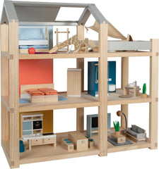 Casă de păpuși din lemn Small Foot, culori naturale - 3 etaje cu terasă pe acoperiș și set de mobilier din 51 de piese, încurajează jocul creativ, potrivită de la 3 ani, 12541 Casute de papusi Naty Shop Casă de păpuși mare