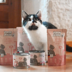 MjAMjAM - Nourriture humide premium pour chat - Boîte pour chaton - 3x poulet à l'huile de saumon et 3x huile de saumon veau, sac de nourriture, stylo, couvercle de boîte, paquet de 6 (6 x 200 g)