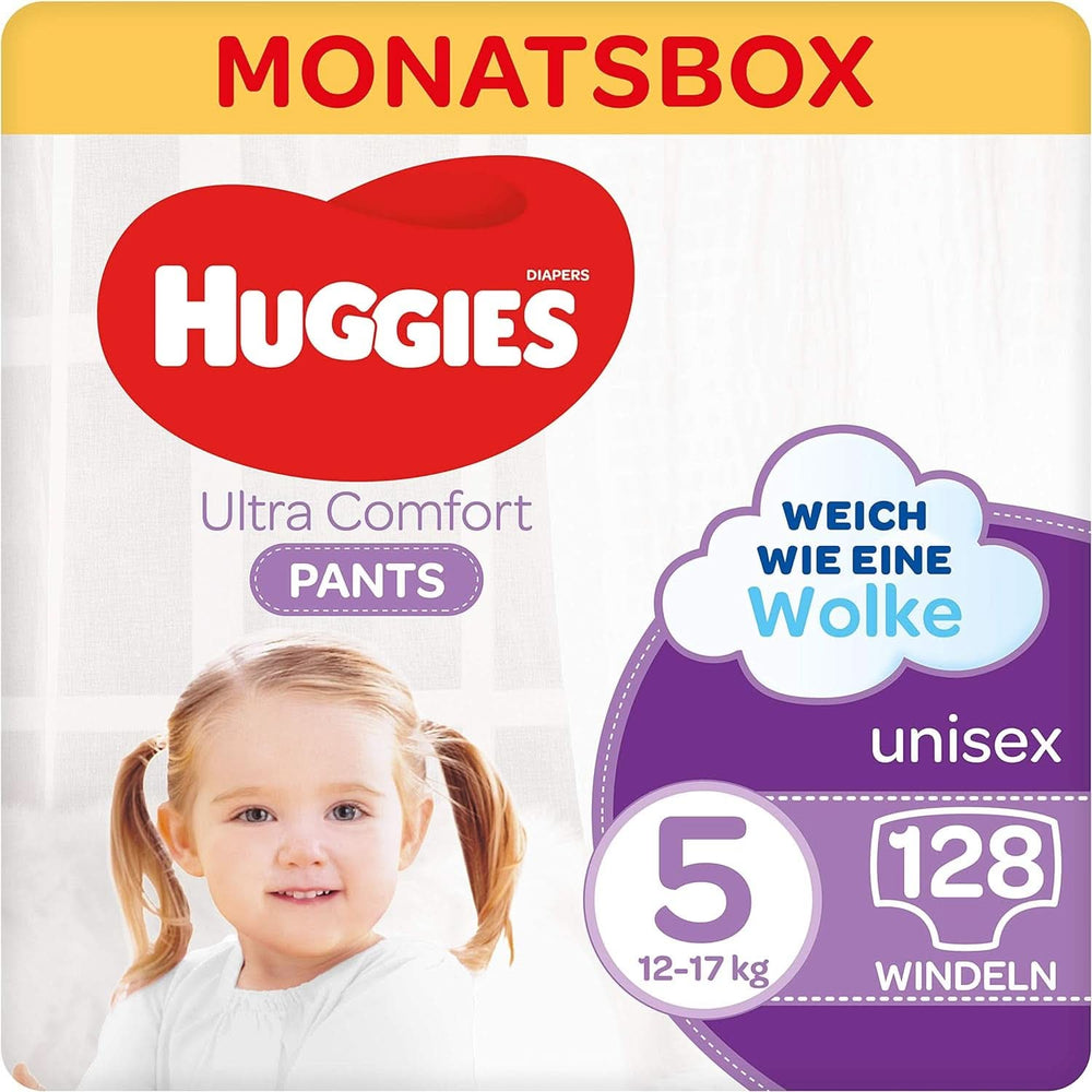 Pantalon Huggies Ultra Comfort, taille 5, 12-17 kg, Pour les enfants actifs, Avec indicateur d'humidité et technologie de ceinture nuageuse, 128 couches Mère et Enfant Naty Shop