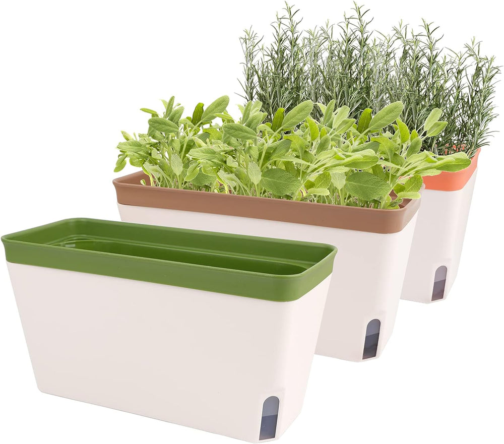 Pots de fleurs à arrosage automatique, lot de 3, pots de fleurs rectangulaires de 27 cm, pots à herbes, boîtes de rebord de fenêtre avec réservoir d'eau, pots de fleurs modernes en plastique pour intérieur et extérieur, jardin, bureau