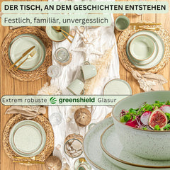 SÄNGER Rio Mint | Set de veselă din gresie pentru 6 persoane, 6 farfurii, 6 farfurii de desert, 6 boluri, verde mentă | COLECȚIA VALUE