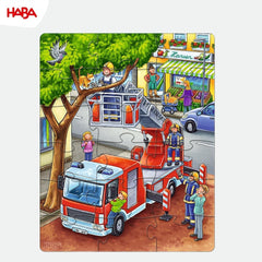 HABA Fire Brigade Puzzle - Set de 3 piese pentru copii cu vârsta de 3 ani și peste, puzzle din carton cu motive de poliție și ambulanță - Promovează abilitățile motorii fine și concentrarea - 1302759001 Puzzle Naty Shop