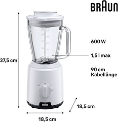 Braun Powerblend 1 JB1050WH - Standmixer Mit 1,5 L Glas-Mixaufsatz, Küchenhelfer Zum Zerkleinern, Pürieren & Mixen, Ice-Crush-Funktion, 2 Geschwindigkeiten, 600 Watt, Weiß Bucatarie Naty Shop