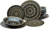 CreaTable, 23588, Série MANDALA GOLD - Noir, Service de table 12 pièces, Service d'assiettes en porcelaine, Passe au lave-vaisselle et au micro-ondes, Fabrication de qualité