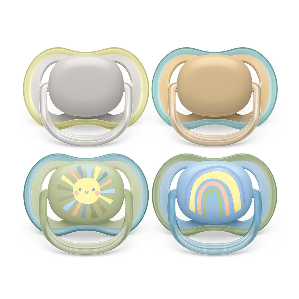 Sucettes Philips AVENT ultra air - pack de 4 sucettes respirantes sans BPA pour bébés de 0 à 6 mois, comprenant étui de transport et stérilisation, couleur soleil/arc-en-ciel (modèle SCF085/65)
