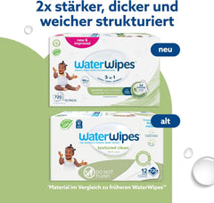 WaterWipes Sensitive+ Lingettes humides pour bébés et tout-petits, 720 unités (paquet de 12), nettoyage 3 en 1, entretien, protection, 99,9 % d'eau, nettoyage texturé, sans parfum
