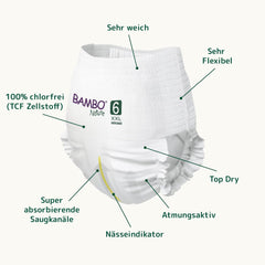 Couches pour bébé Bambo Nature, taille 6 (15+ kg) - Boîte mensuelle de 90 | Couches pour nourrissons avec protection améliorée contre les fuites | Confort et liberté maximum pour les enfants actifs | Couches testées dermatologiquement
