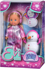 Simba 105733646 - Evi Love Snow, poupée dans une jolie combinaison de neige avec un bonhomme de neige à construire, 12 cm, à partir de 3 ans
