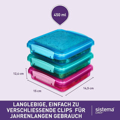 Système de boîte à sandwich pour boîte à lunch | 450 ml | boîte à lunch empilable et hermétique avec couvercle | pour enfants et adultes | sans BPA | couleurs mélangées | 3 boîtes de conservation alimentaire Naty Shop
