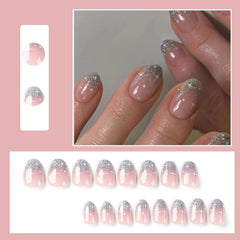 24 bucÄÈi unghii French Press pe unghii, scurte, argintii strÄlucitoare, cu design, unghii artificiale ovale, unghii de lipit pe unghii acrilice lucioase, unghii false pentru femei Èi fete
