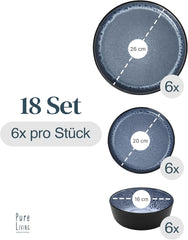 Service de table 18 pièces en grès cérame pour 6 personnes, design Ibiza, GAGNANT DU TEST. Un magnifique ensemble de vaisselle méditerranéenne en grès céramique comprenant des bols et des assiettes. Service de table Pure Living en bleu fumé.