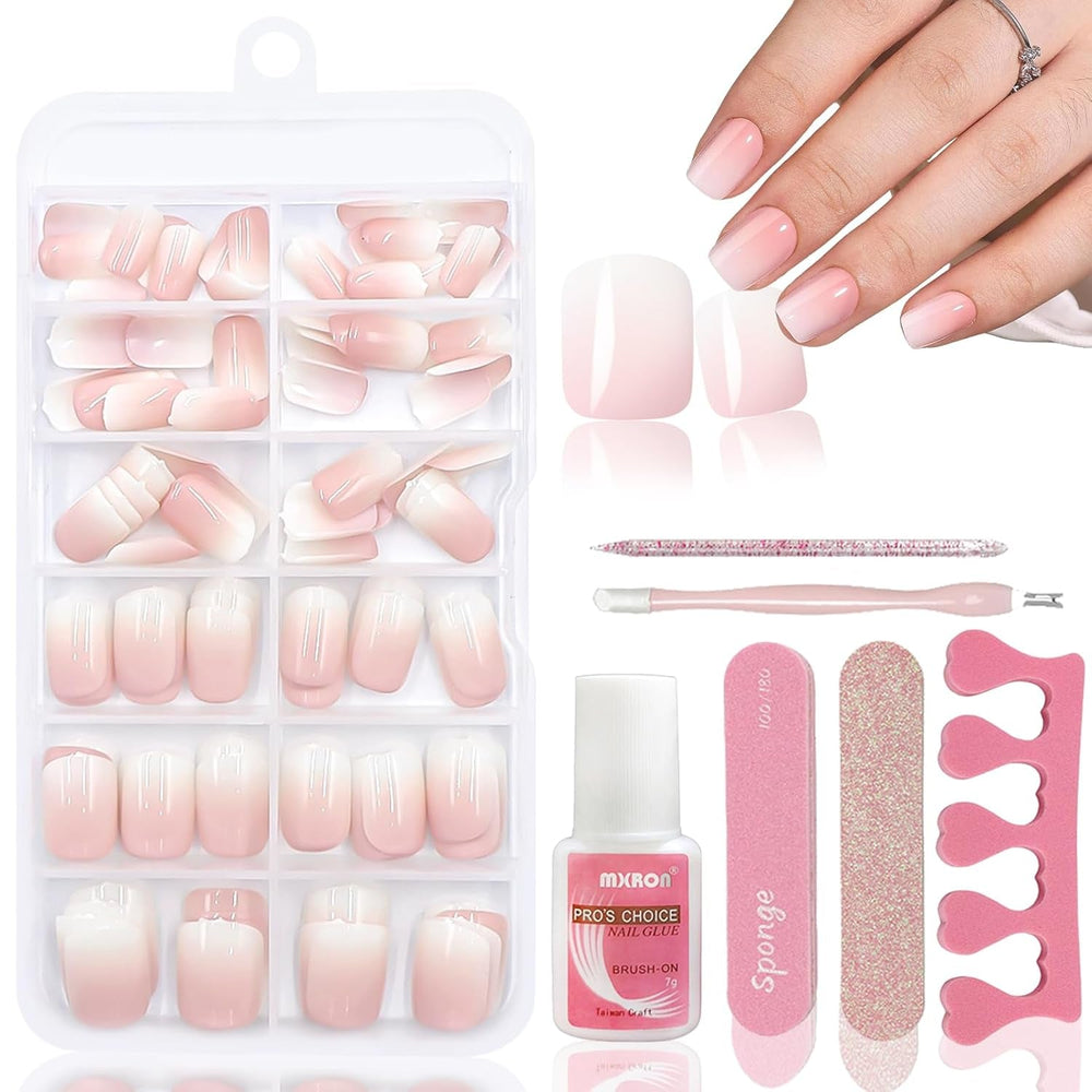 120 pcs faux ongles rose chair avec colle à ongles – 12 tailles courtes ovales carrées à presser – beaux ongles, colle sur ongles artificiels – convient pour la conception d'ongles DIY des femmes (dégradé rose Squaval)