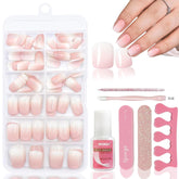 120 pcs faux ongles rose chair avec colle à ongles – 12 tailles courtes ovales carrées à presser – beaux ongles, colle sur ongles artificiels – convient pour la conception d'ongles DIY des femmes (dégradé rose Squaval)