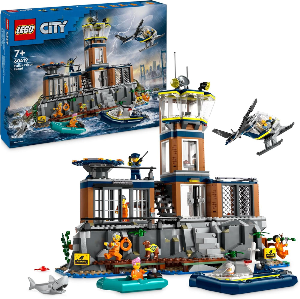 LEGO City Poste de police sur l'île-prison, jouet de police avec hélicoptère, botte et Hai, ensemble avec 7 figurines et chien, cadeau d'anniversaire pour garçons et filles à partir de 7 ans 60419