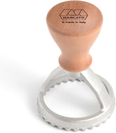 MARCATO Formă de ravioli și fursecuri, Aparat de ravioli, Forme de fursecuri, Lemn masiv și aluminiu turnat, Fabricat în Italia, Ștampilă rotundă de 58 mm