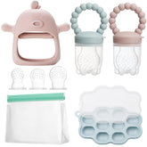 Mangeoire à lait maternel pour bébé, mangeoire à fruits, contient 2 mangeoires à fruits en silicone, stockage des aliments pour bébé, jouet de dentition pour bébé, 5 tétines en silicone en 3 tailles, sans BPA (bleu et rose)