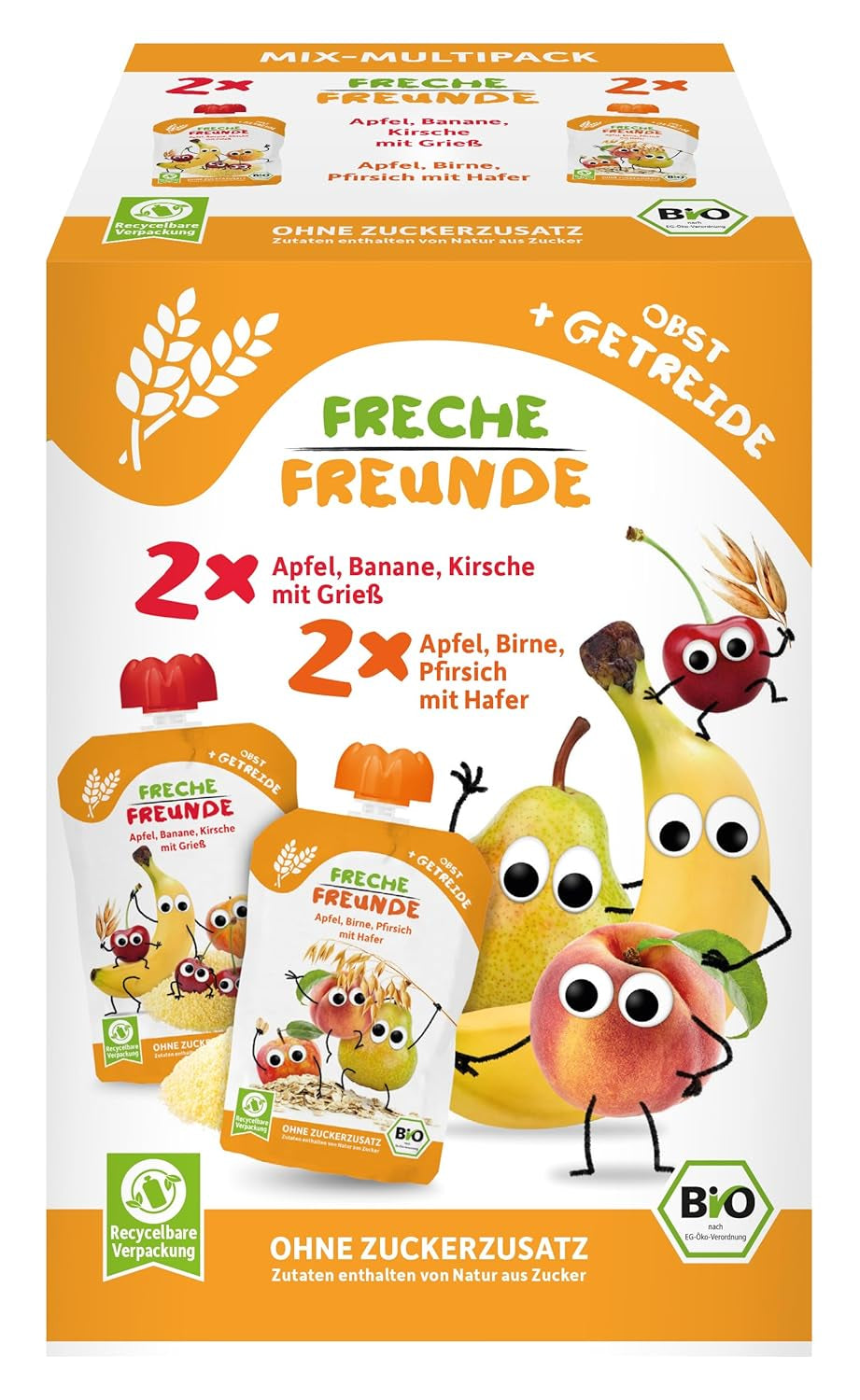 FRECHE FREUNDE Mélange Bio en sachet compressible multipack - Fruits + Céréales, Purée de fruits aux céréales en sachet compressible pour bébé à partir de 6 mois, vegan, pack de 3, 3 x (4 x 100g)