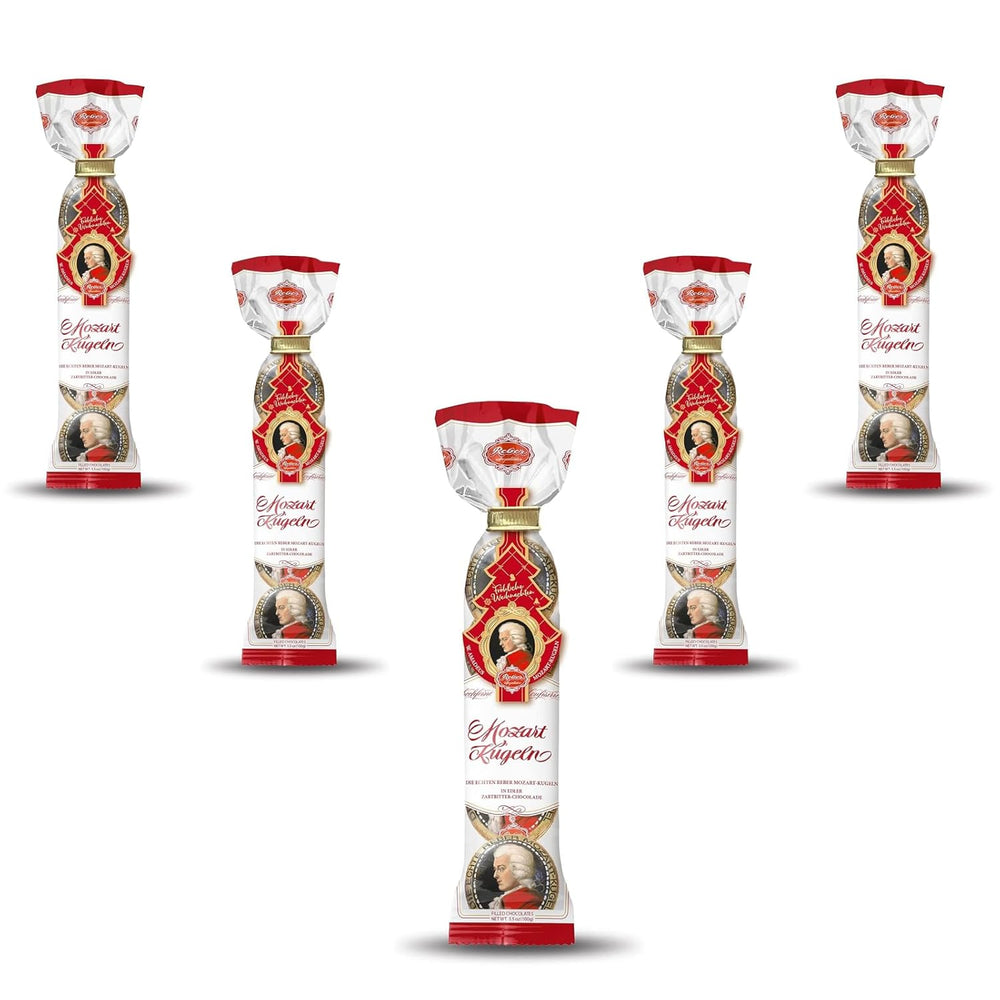Boules Reber Mozart - 5 sachets de 5 bonbons dans l'édition de Noël - Authentiques boules Reber Mozart, à base de chocolat noir, pâte d'amande et nougat