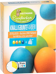 Heitmann Egg Dyes Bright Colors - 4 flacons de teinture pour œufs (jaune, orange, vert, bleu), 2 rehausseurs de couleur, 4 sacs de teinture, 4 clips
