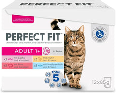 Selecție de hrană umedă Perfect Fit Adult 1+ cu somon, pește de adâncime, vită și pui, 48 de pliculețe, 12x85g (pachet de 4) – Hrană umedă premium pentru pisici adulte de la vârsta de 1 an