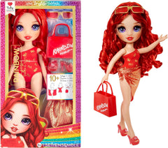 Rainbow High Swim & Style - Ruby (Rot) - 28 cm Große Puppe mit Schimmerndem Pareo, auf 10+ Arten zu tragen - Ausziehbarer Badeanzug, Sandalen, Spielzubehör - Spielzeug - Ideal für 4 bis 12 Jahre