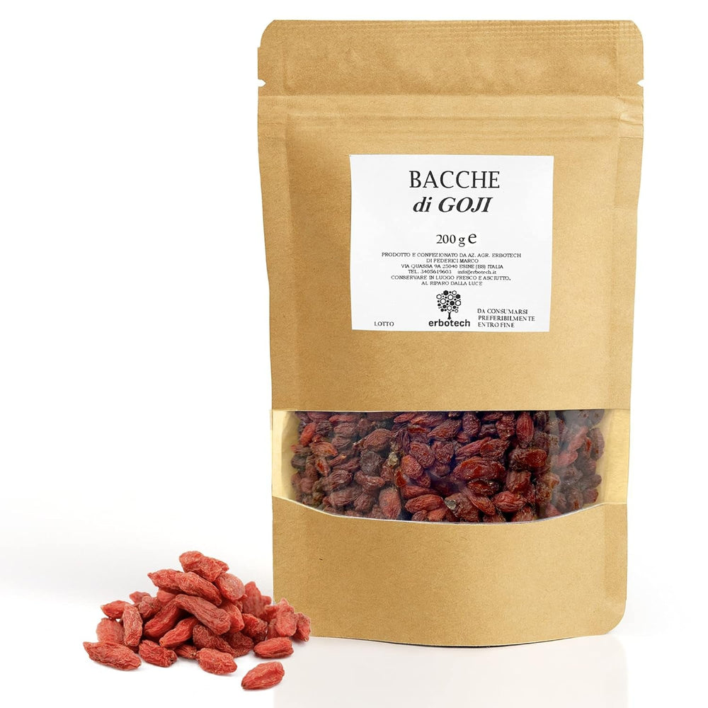 ERBOTECH Baies de Goji 200 g, baies de goji à haute teneur en vitamines, fruits secs sans sucre ni soufre, superaliments naturels et riches en énergie, Made in Italy Produits déshydratés Naty Shop 200 G