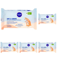 Șervețele umede demachiante NIVEA Baby Moisturizing Cleansing Wipes Soft & Cream, 57 bucăți, pentru o piele curată, uscată și hidratată, șervețele umede pentru bebeluși cu lapte de migdale și vitaminele B5, C și E